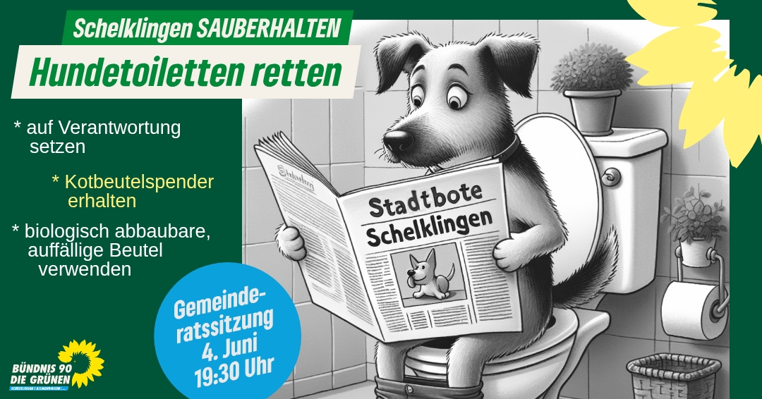 Hund auf WC mit Stadtbote in der Pfote (KI Pic DALL-E3)